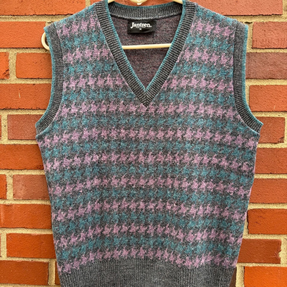 Vtg Jantzen Sweater Vest Knit Pullover Gray Wool Acrylic Houndstooth Men Size M